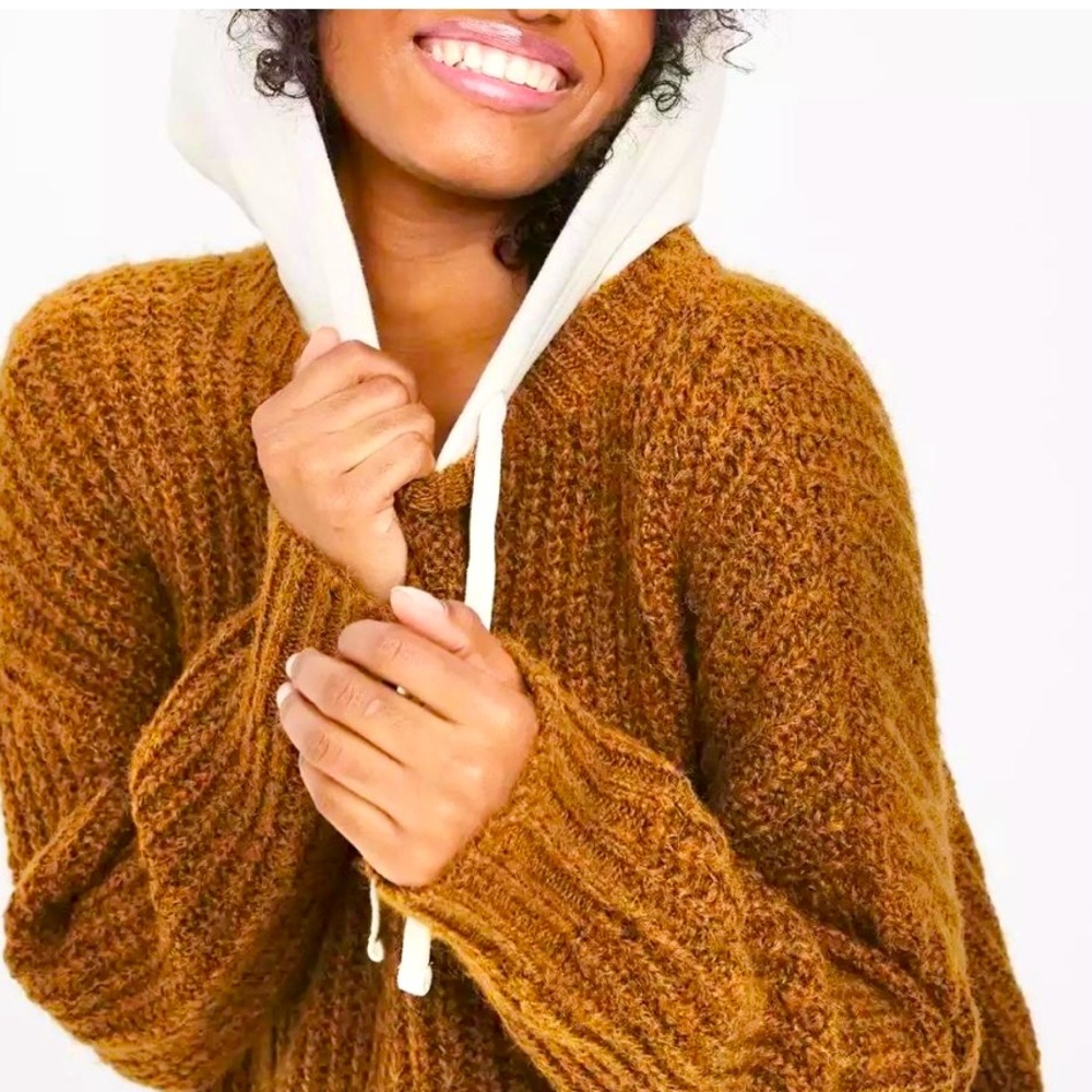 Offline Aerie Hooded Brown Knit Sweater Medium